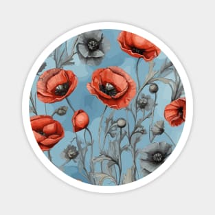 Peachy Red and Ash Poppies Floral Pattern on Dusty Sky Blue Magnet